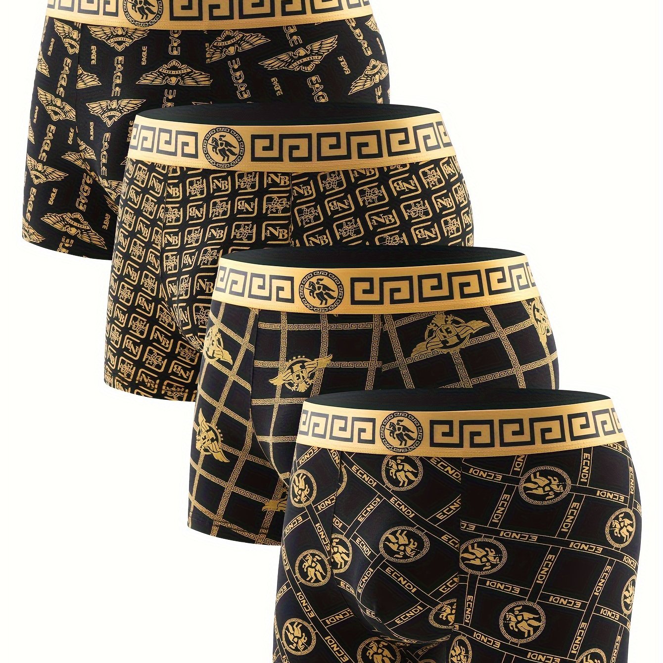 4-Pack Men'S Boxer Briefs, Soft Comfortable, Black and Golden Print, Polyester 92% Spandex 8%, High Stretch Knit Fabric, 125gsm, Daily & Casual Wear