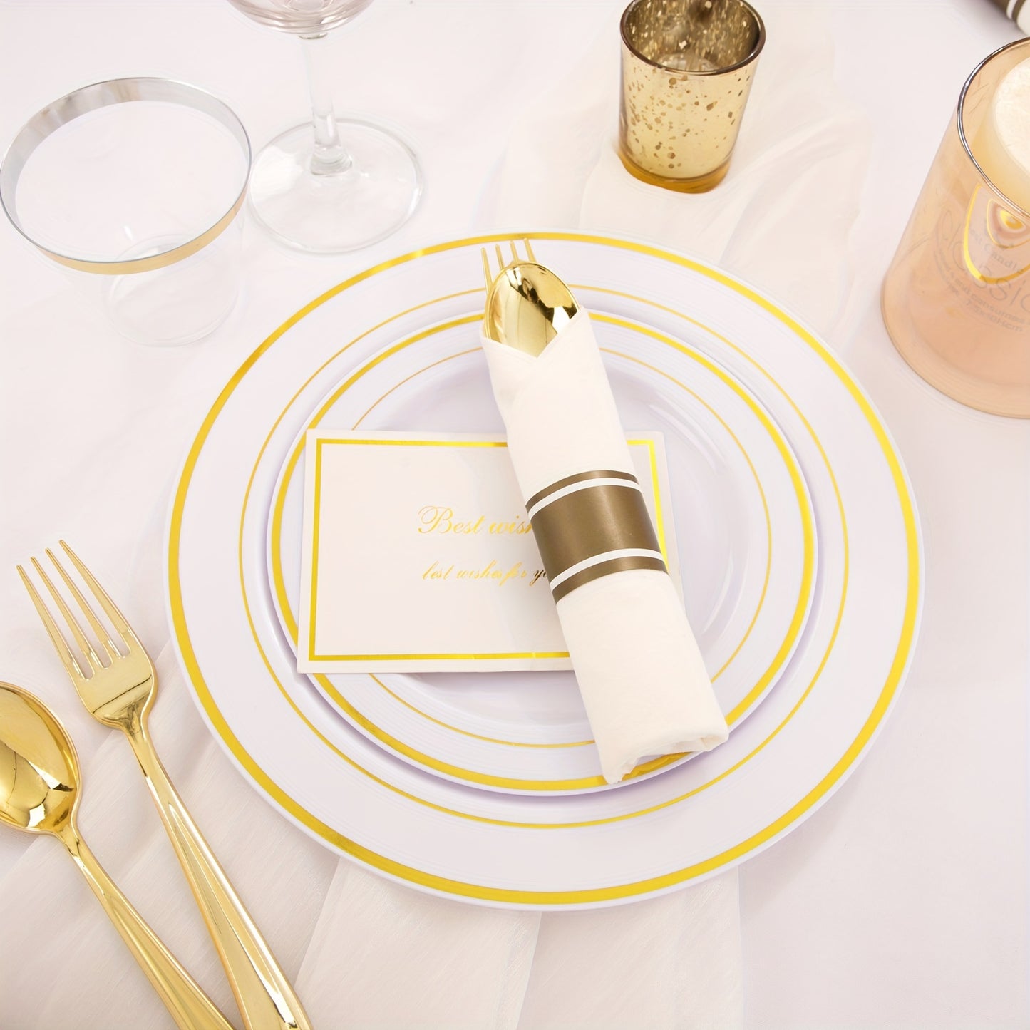 350pcs Golden Plastic Plates with Disposable Silverware and Cups Include:50 Dinner Plates 50 Dessert Plates 50 Golden Rim Cups 9 OZ 50 Golden Cutlery