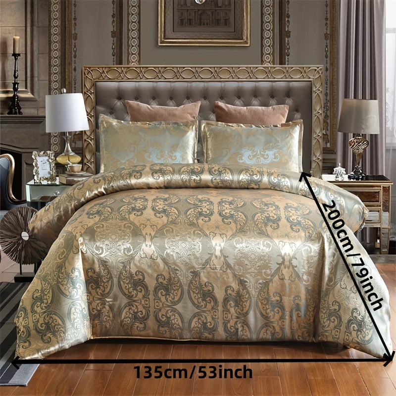 3pcs Luxurious Soft Satin Jacquard Duvet Cover Set - Elegant Bedroom Essentials with Silky Smooth Fabric, Hypoallergenic and Breathable - 1pc Duvet Cover + 2pc Pillowcases for Master Bedroom and Guest Room