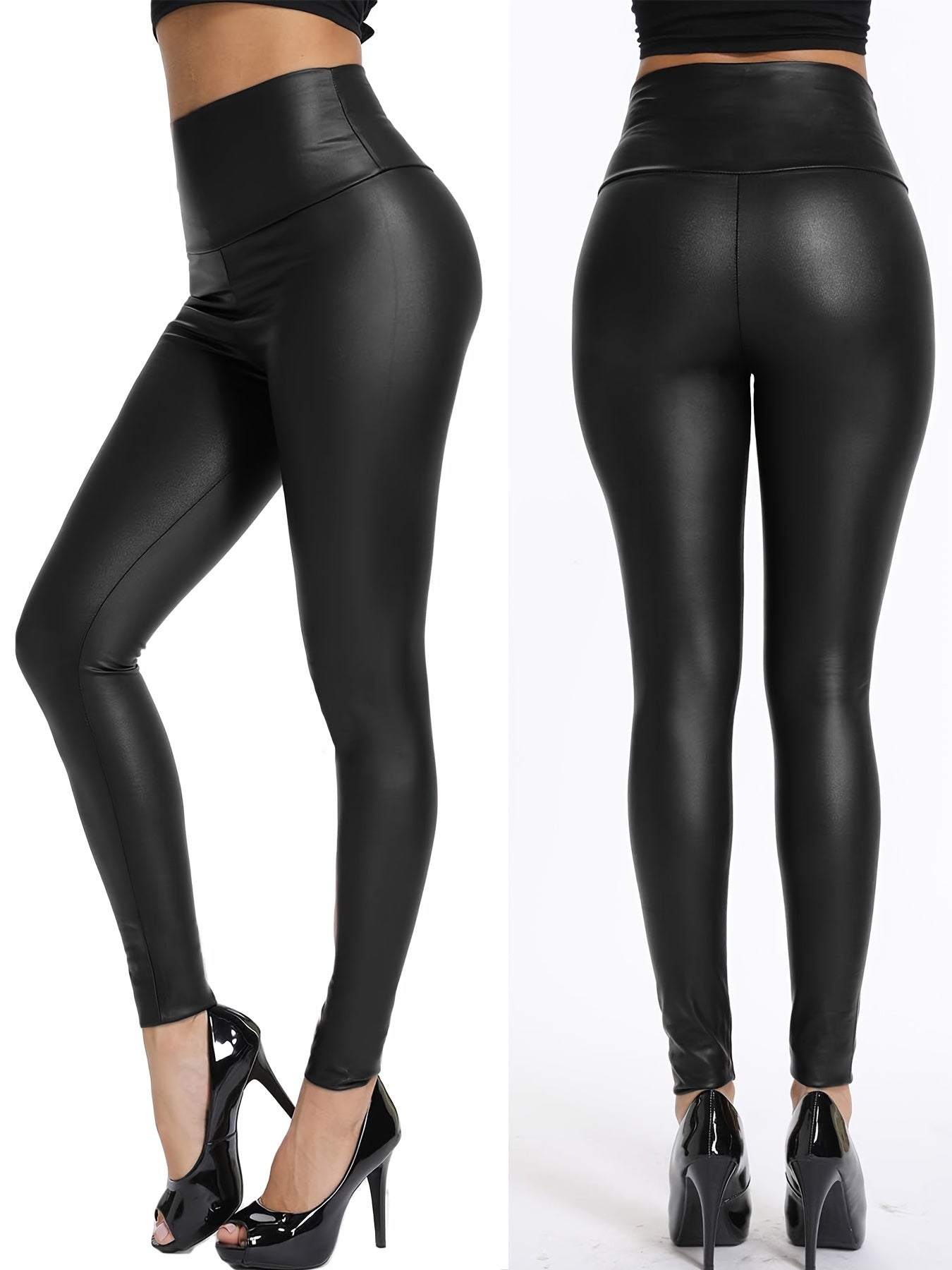 Women's High Waist Faux Leather Pants, Solid Color, Fashion.