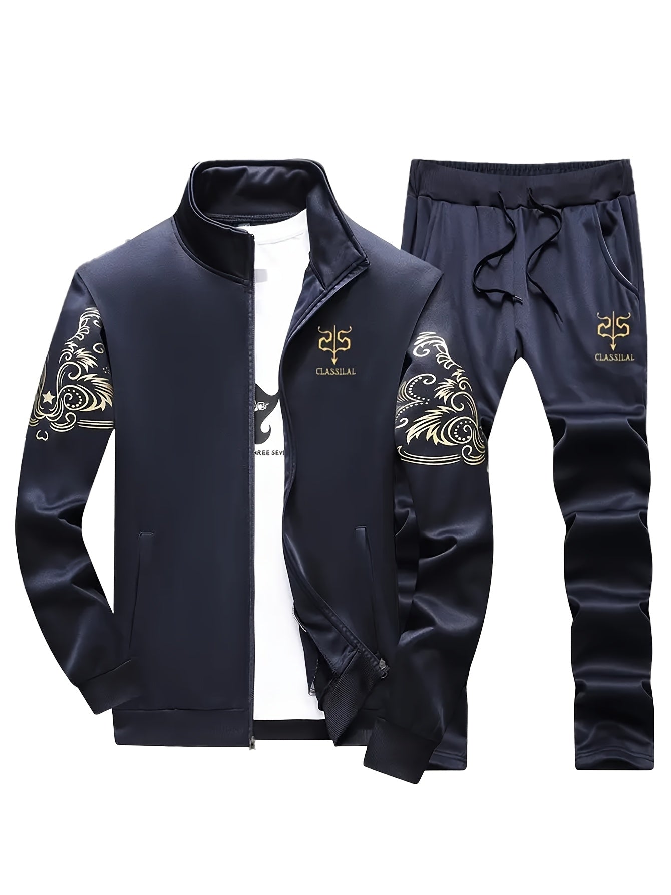 Men's Casual Sportswear Set - Knit Polyester, Machine Washable, Stand Collar Zip-Up Jacket & Drawstring Pants with Pockets