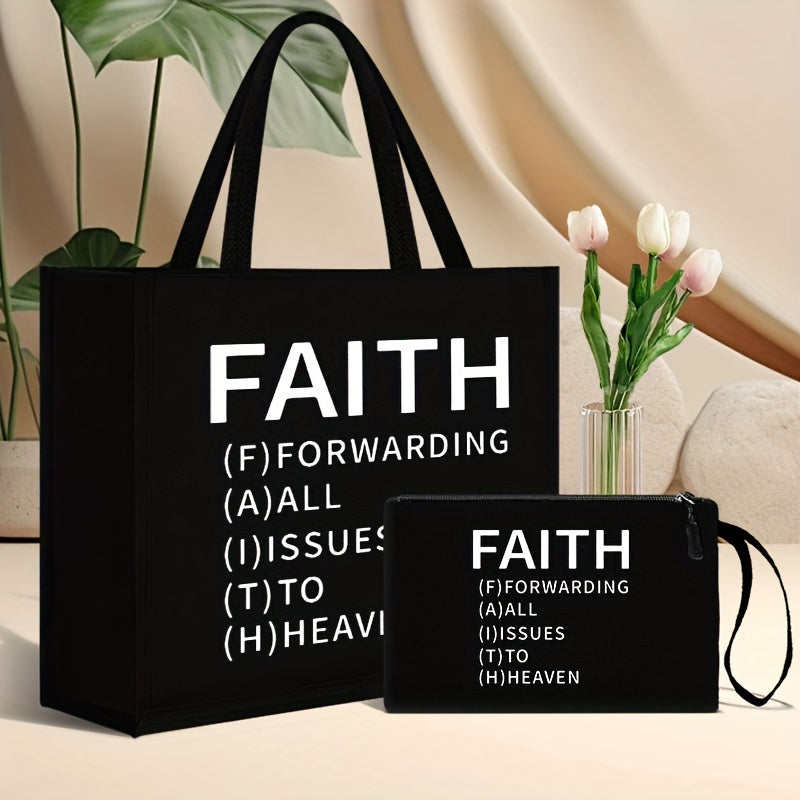 2pcs Faith-Inspired Linen Tote Bag and Pouch Set, Large Capacity Shoulder Bag with Printed Lettering,