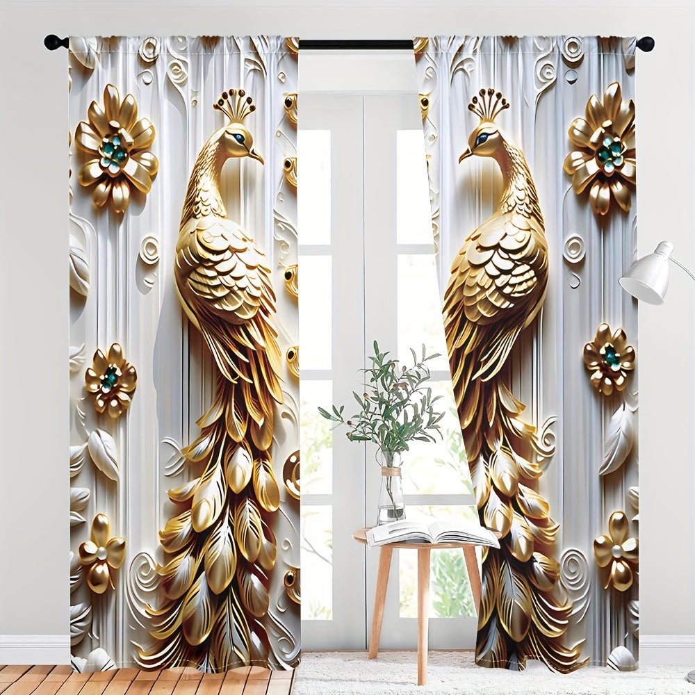 2pcs Set Golden Peacock & Floral Print Sheer Curtains - Lightweight Polyester for Living Room,