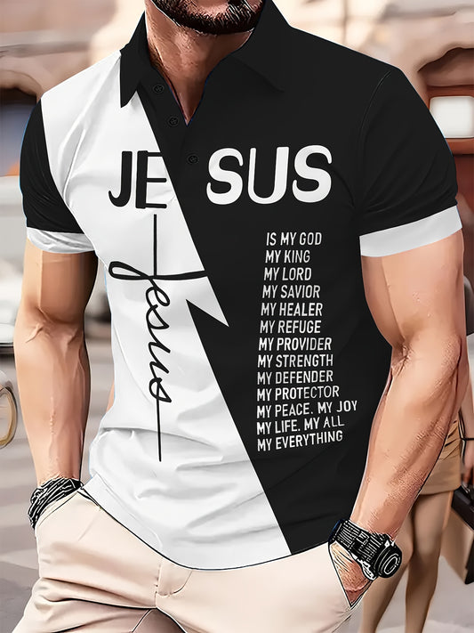 Men's Inspirational Jesus Polo Shirt -  Graphic Print, , Comfort Stretch - Ideal for Golf, Running, Casual Summer Wear