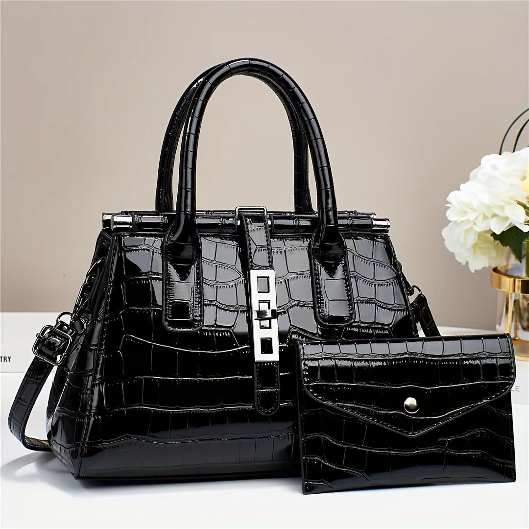 2 Pieces, Multi-Pocket Crocodile Pattern Tote Bag Set with Divider, Shoulder Bag,