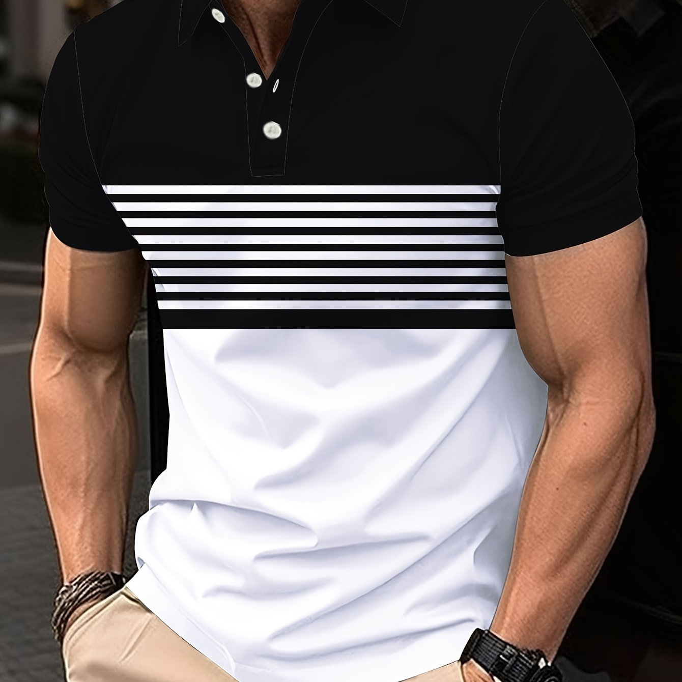 Stylish Men's Striped Golf Shirts - Color-Blocked, Short Sleeve, Lapel Design, Slight Stretch, Regular Fit, - Perfect for Warm Weather Outings