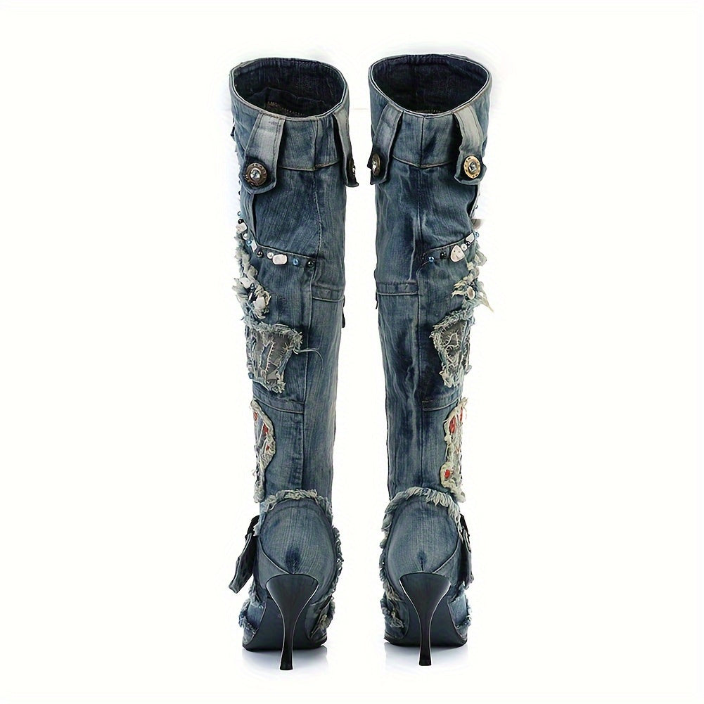 Knee High Women's Denim Boots with Rivet Punk Stiletto Heel and Pointed Toe