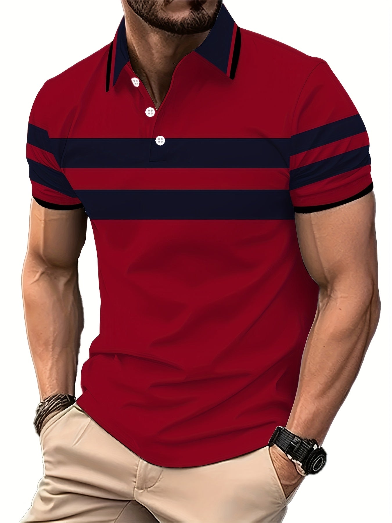 1pc Men'S Summer Casual Polo Shirt - Striped Short Sleeve - 100% Polyester