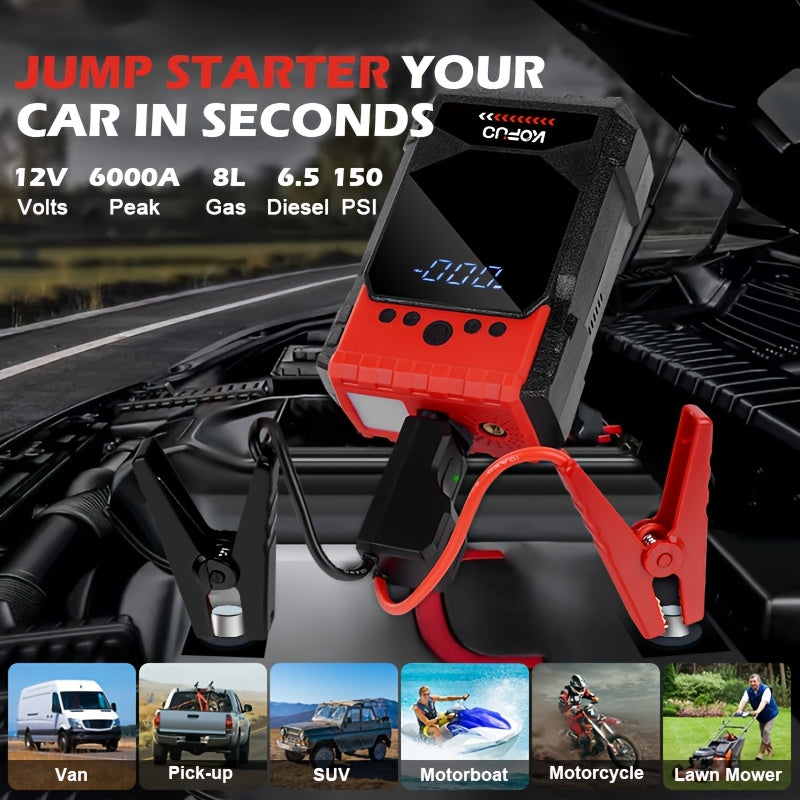 6000A 4-in-1 Car Jump Starter with 150PSI Tire Inflator, LED Lighting, LCD Display, and Anti-Reverse Smart Clip