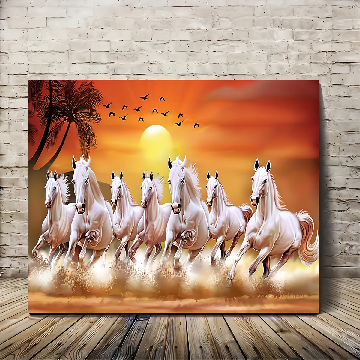 Seven Lucky Horses Canvas Wall Art,  Wood-Framed Wild Horses Print for Living Room, Bedroom, Office, Home Ornament, Gifting