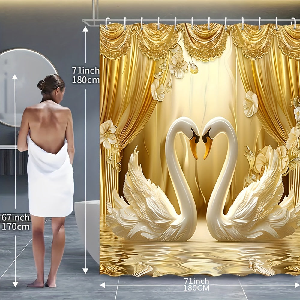 Luxurious Golden 3D Swans Print Bathroom Set: Includes 12 Free Hooks, Waterproof Curtain, Non-Slip Mat, Toilet Seat Cover, And Bath Rug - Perfect for Valentine'S Day Or Year-Round Romance