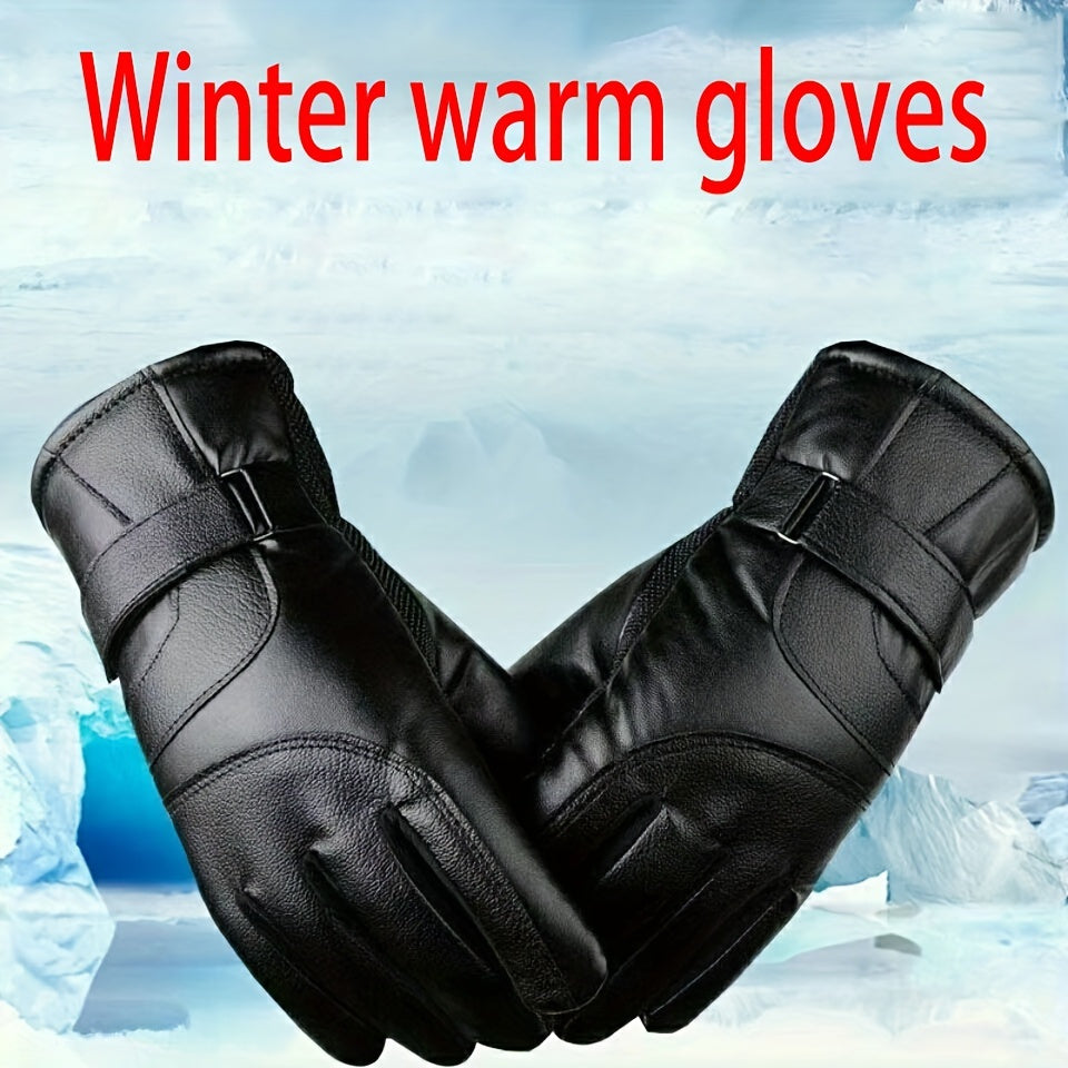 1 Pair Elegant Men'S Winter Gloves, PU Leather, 100% Polyester Fiber, black