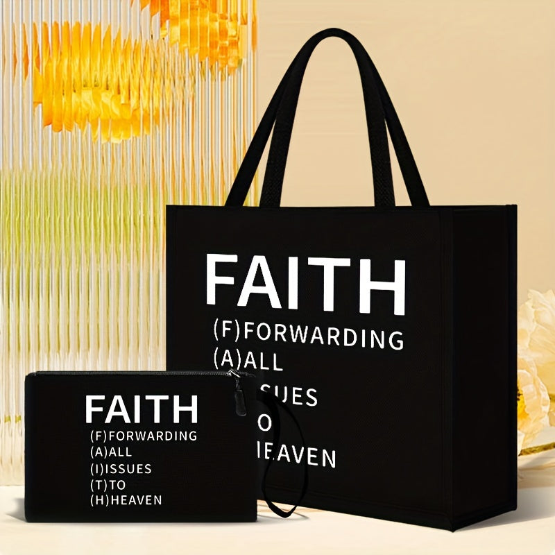 2pcs Faith-Inspired Linen Tote Bag and Pouch Set, Large Capacity Shoulder Bag with Printed Lettering,