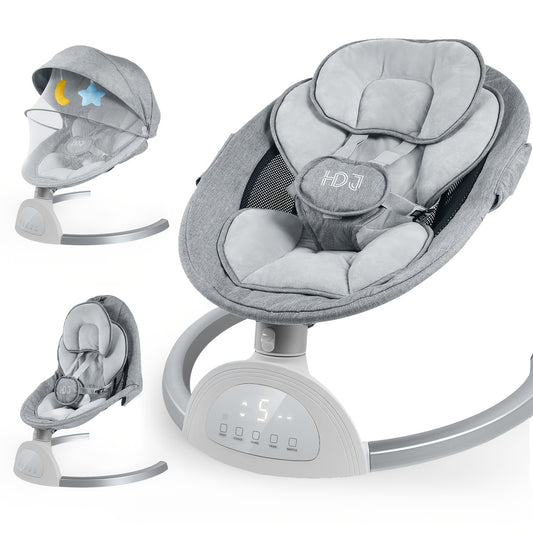 1pc Grey Aluminum Alloy Baby Swing Chair with Speaker, 5-Point Harness, 5 Speeds, Remote Control - Portable Indoor/Outdoor Infant Swing, Easy Assembly