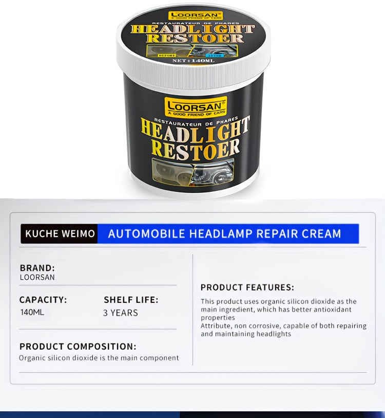 4.73oz Universal Headlight Restoration Kit - Car Headlight Polish Paste - Removes Oxidation, Restores Clarity, Easy Application,