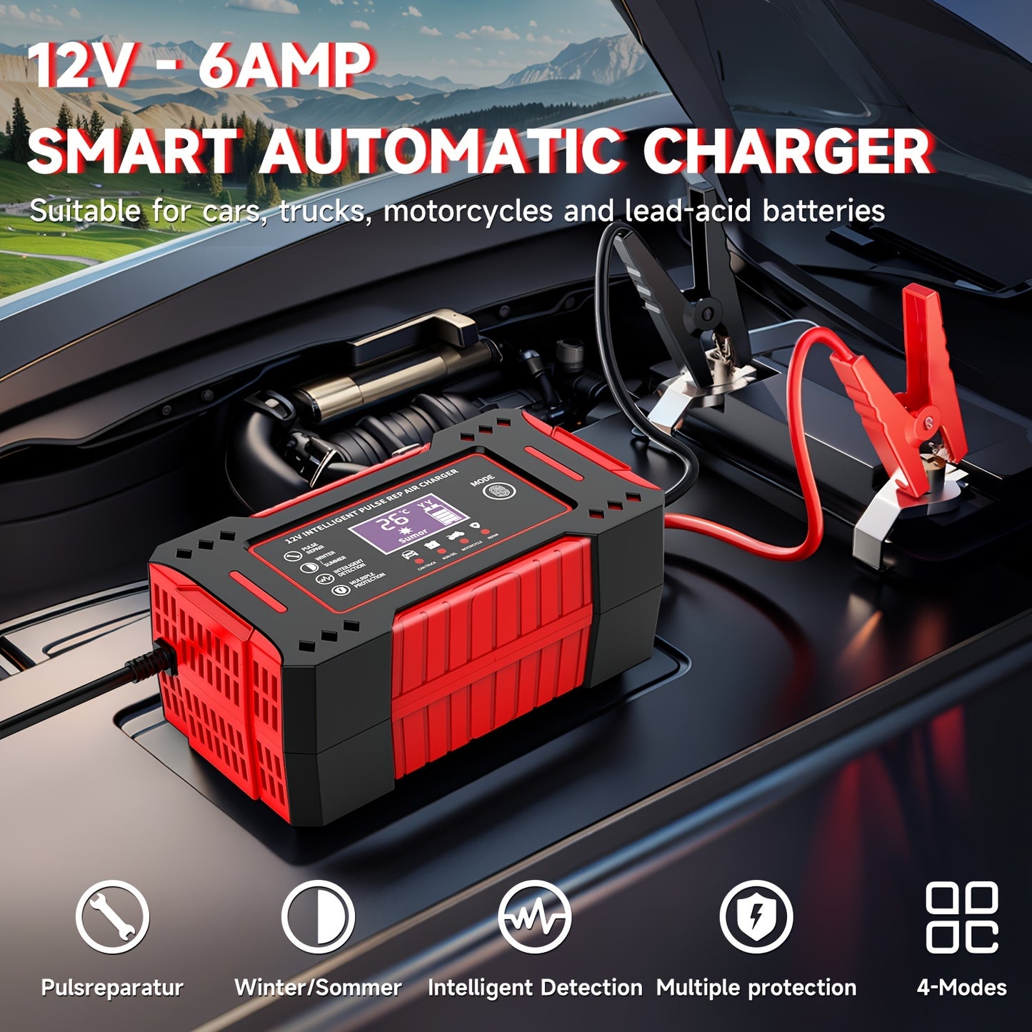 6A 12V Smart Automatic Car Battery Charger with Trickle Charger Maintainer for Car/Moto/Boat/RV/SUV