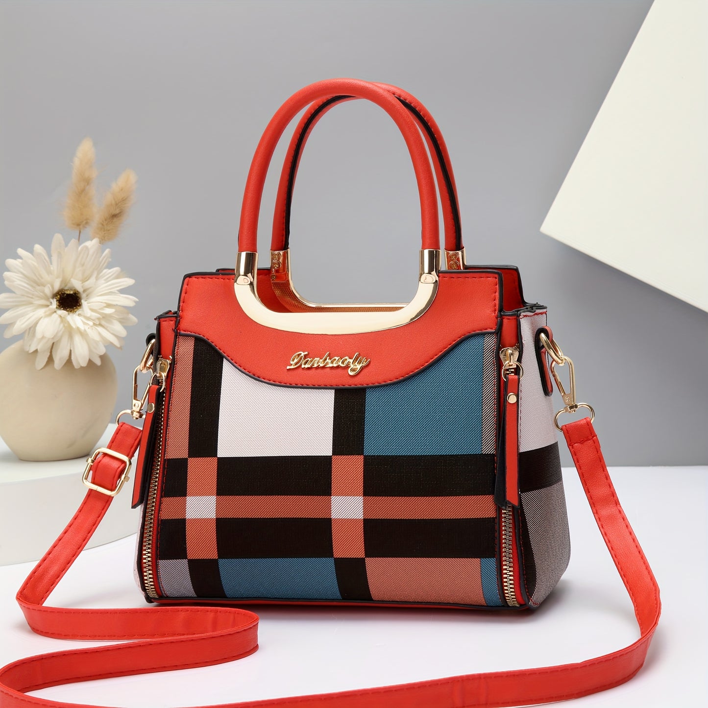 [1pc Chic Women'S Fashion Handbag] Elegant Faux Leather Plaid Top-Handle Bag with Adjustable Strap and Zipper Closure,