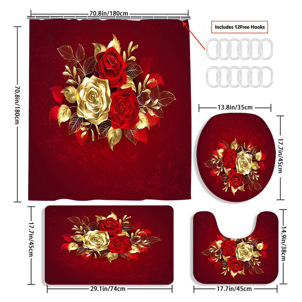 4pcs gold rose curtain shower curtain decoration, beautiful housewarming gift, modern home decoration, waterproof shower curtain and toilet floor mat three piece set with 12 shower curtain hooks