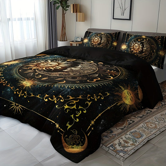 3pcs Golden Sun, Moon & Stars Bedding Set - Includes 1 Duvet Cover and 2 Pillowcases