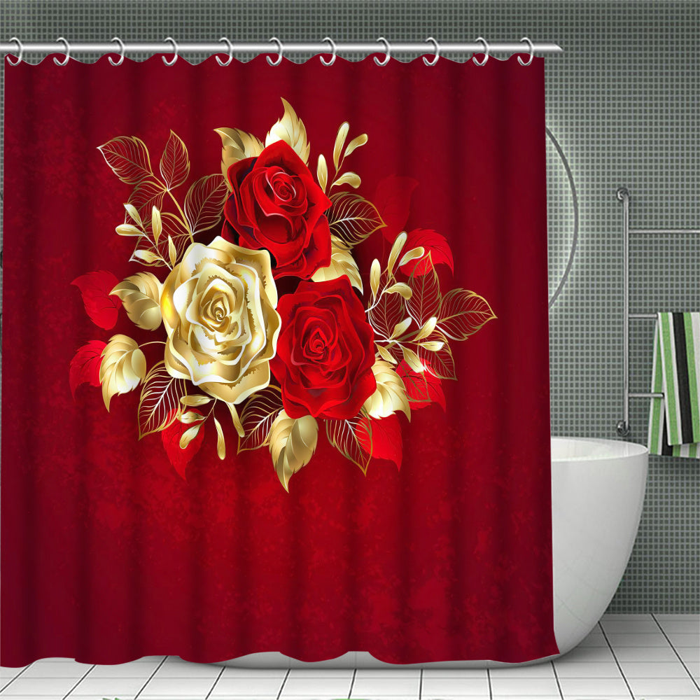 4pcs gold rose curtain shower curtain decoration, beautiful housewarming gift, modern home decoration, waterproof shower curtain and toilet floor mat three piece set with 12 shower curtain hooks