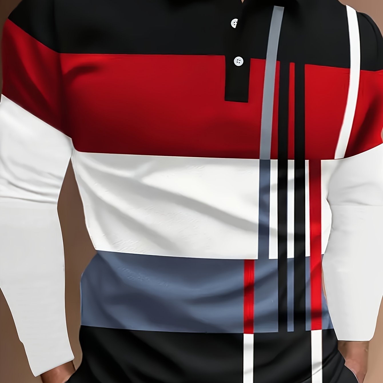 Men'S Casual Shirt, Color Blocked Design, Knit Fabric with Button Details, 100% Polyester, All-Season Wear,