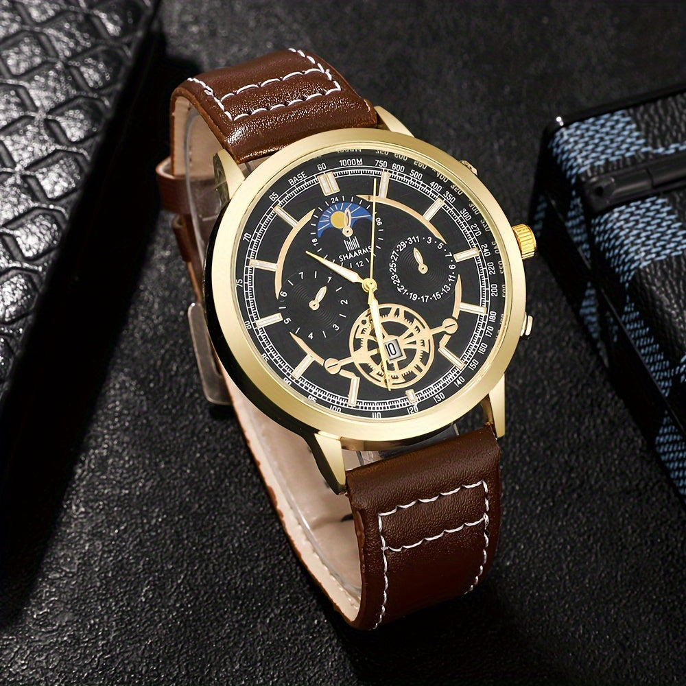 3pcs Vintage-Inspired Men'S Quartz Watch Set, Round Dial, Zinc Alloy Case, Faux Leather & Nylon Straps, Business Style, Electronic Drive, Battery Powered