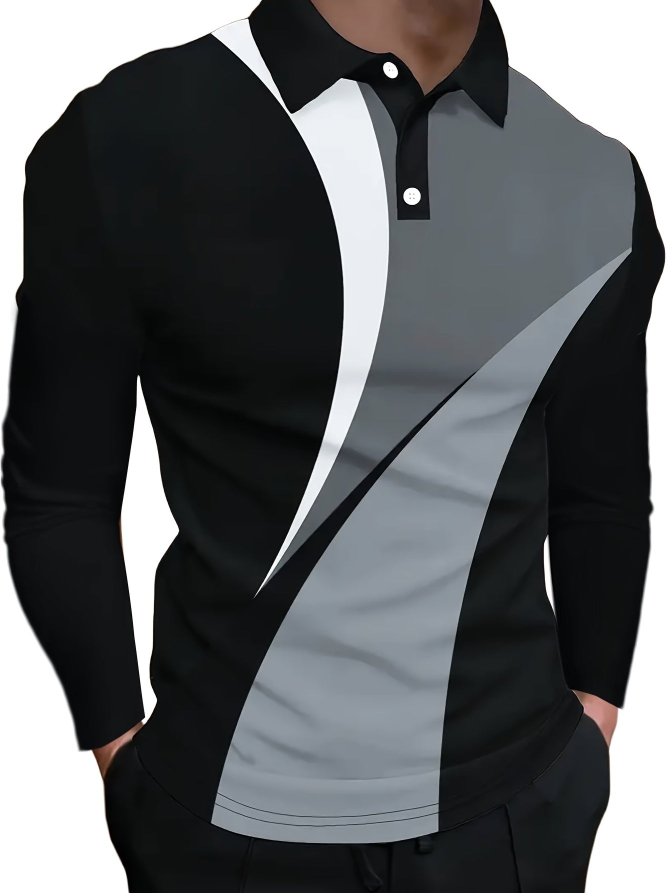 Men'S Color Block Long Sleeve Golf Shirt, Casual Lapel Collar, 100% Polyester Knit Fabric,