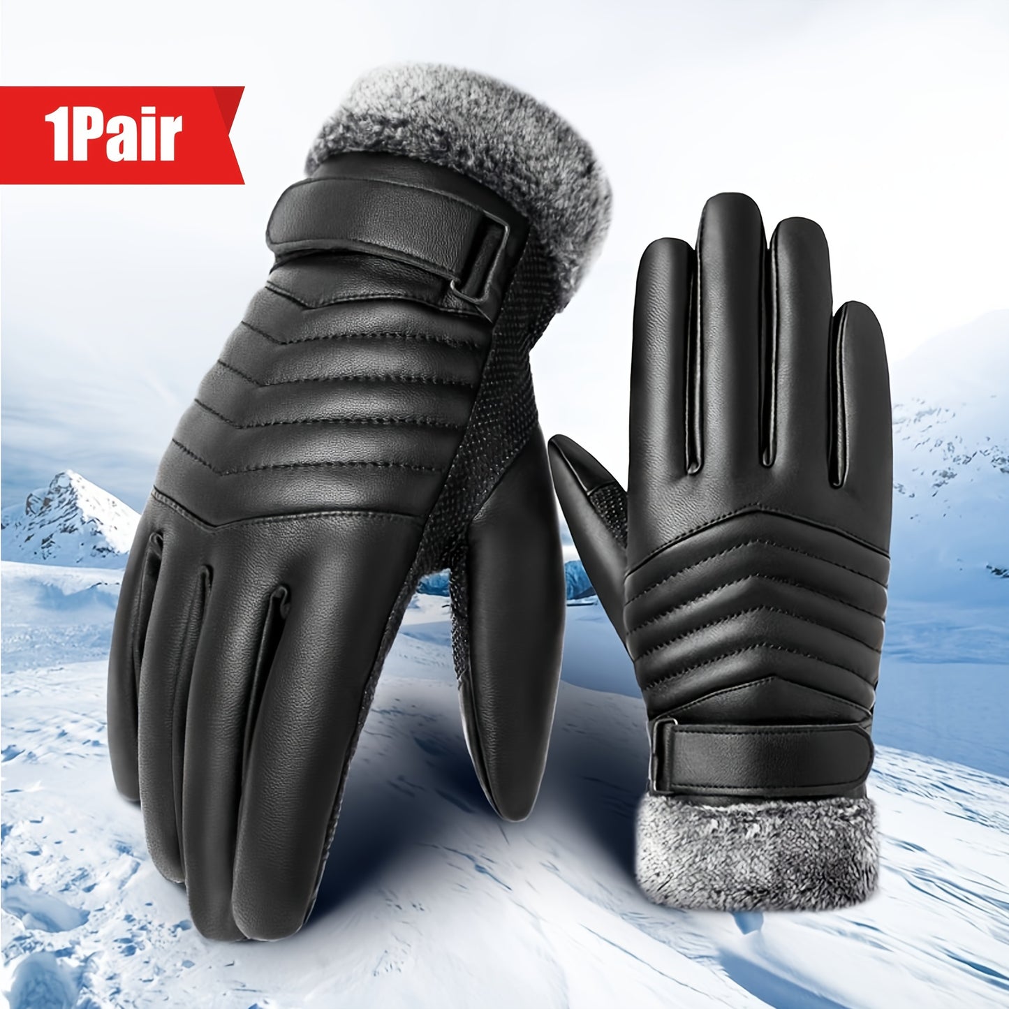 1 Pair Men'S Winter Gloves, for Snow, Skiing, Cycling, Black, Faux Leather, Unisex