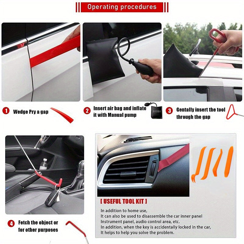 Thickened Emergency Open Unlock Tool Kit - Car Wedge Pump Door Repair Air Cushion with Long Reach Grabber