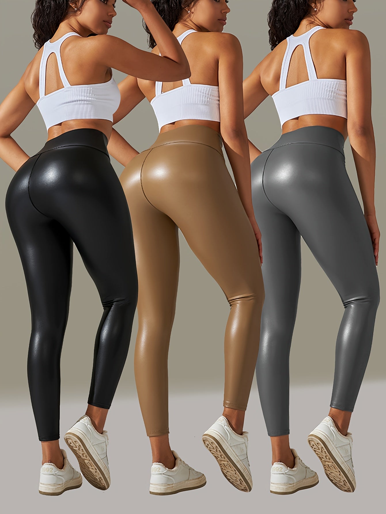 3pcs Of Big Size Faux Leather Pants Women'S Leggings High Waist Tight Sexy Color Yoga Pants Women