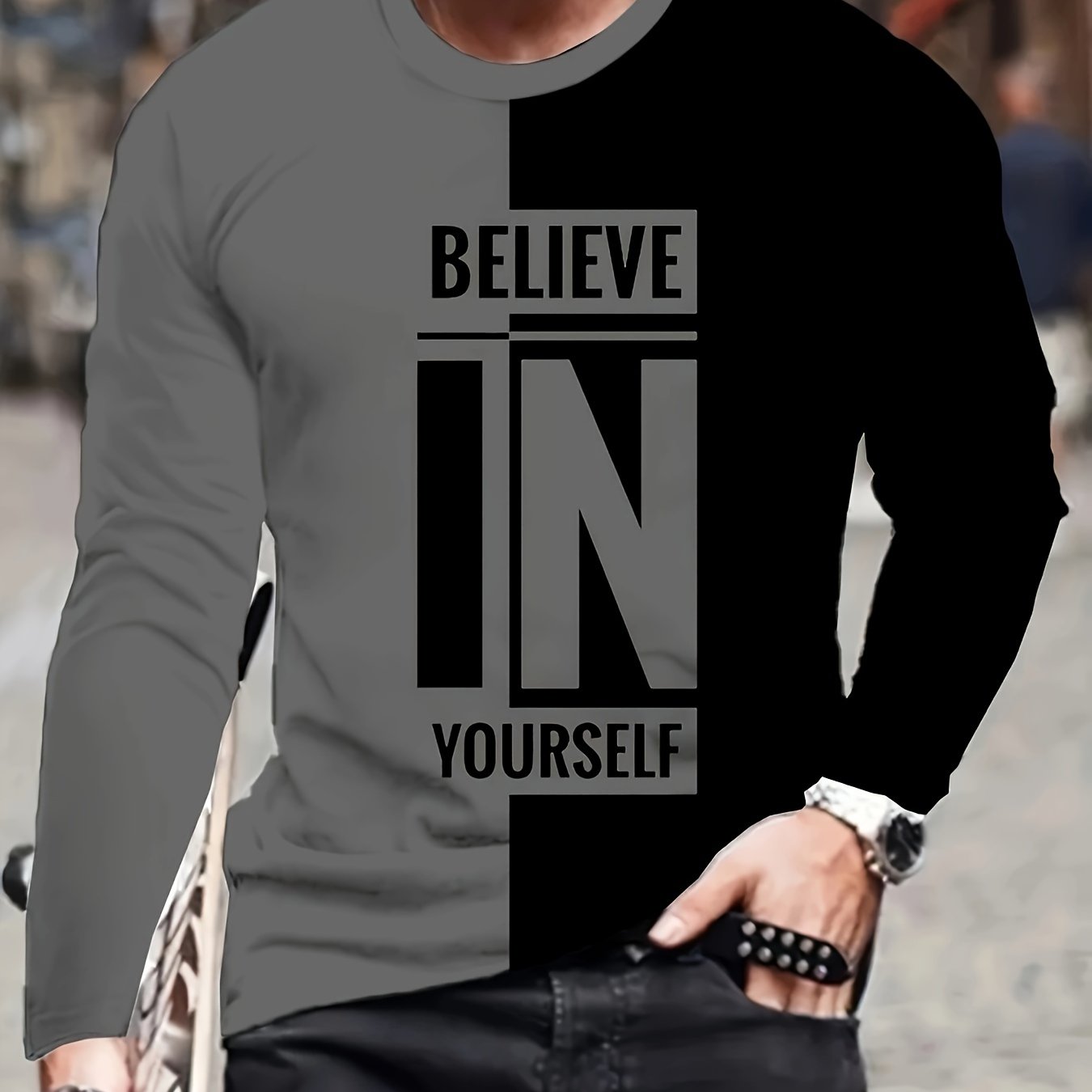 Men's Long Sleeve Crew Neck T-Shirt - 100% Polyester Casual Pullover with Graphic Print, Slight Stretch Fabric for Daily & Sports Wear, Comfortable Knit Tops for Adults and Teens in Spring/Summer/Fall