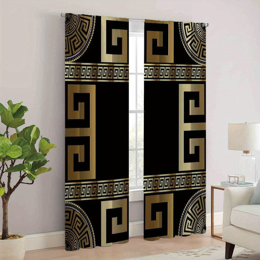 Bohemian Style Black and Golden Patterned Curtains for Living Room - Easy Maintenance, Durable Polyester, Ideal for All Season