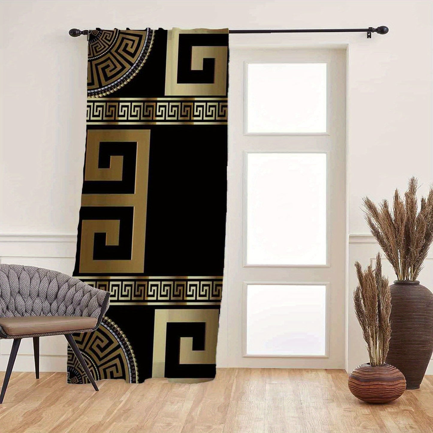 Bohemian Style Black and Golden Patterned Curtains for Living Room - Easy Maintenance, Durable Polyester, Ideal for All Season