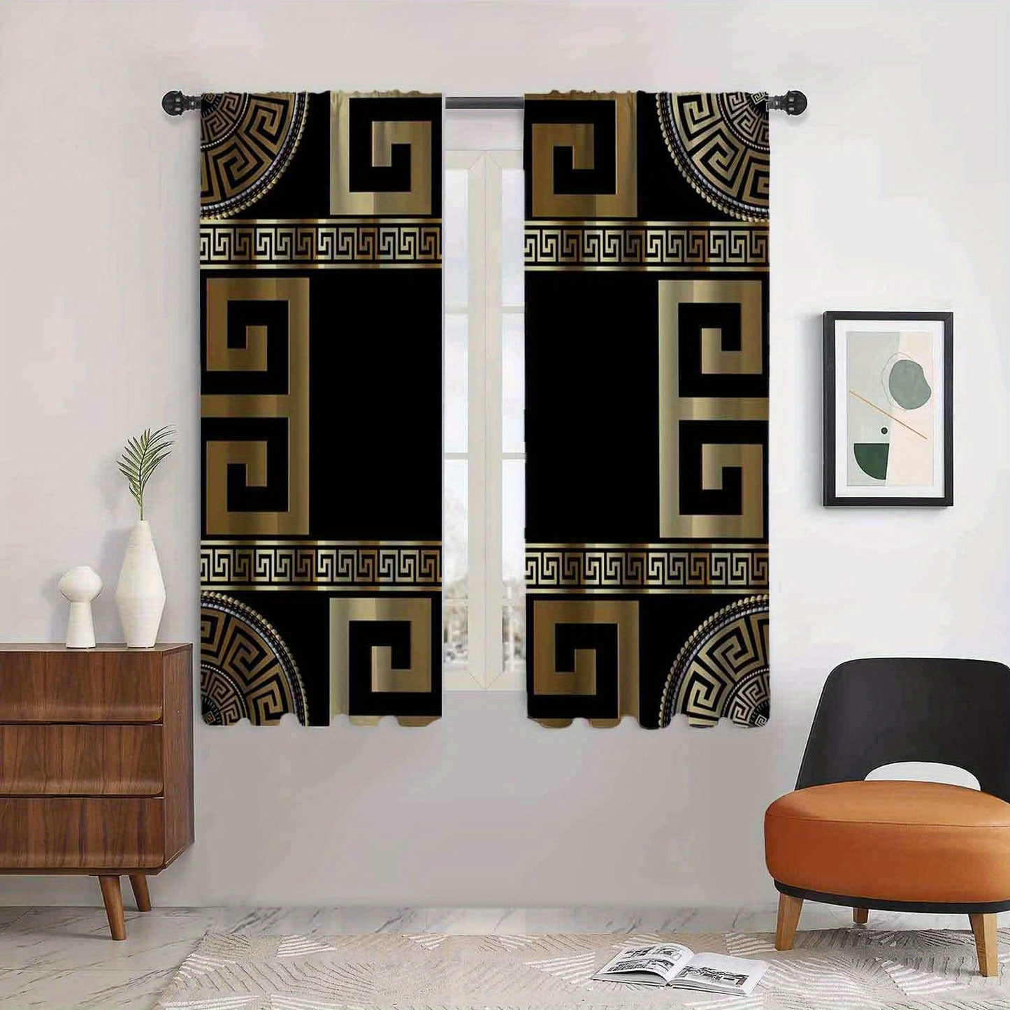 Bohemian Style Black and Golden Patterned Curtains for Living Room - Easy Maintenance, Durable Polyester, Ideal for All Season