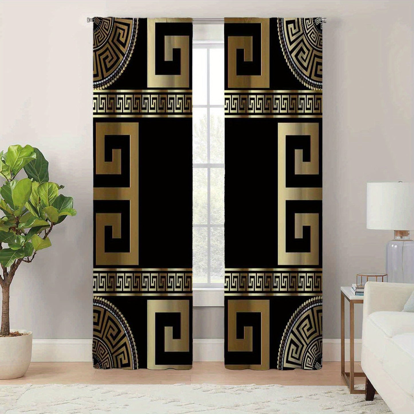 Bohemian Style Black and Golden Patterned Curtains for Living Room - Easy Maintenance, Durable Polyester, Ideal for All Season