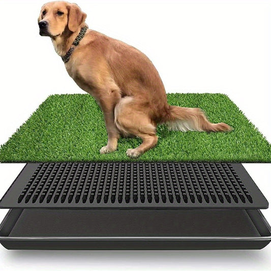 Indoor/Outdoor 3-Layer Dog Potty Tray with Puppy Training Box with Washable 20x16 Inch Synthetic Grass Mat - Pet Litter System for Pets