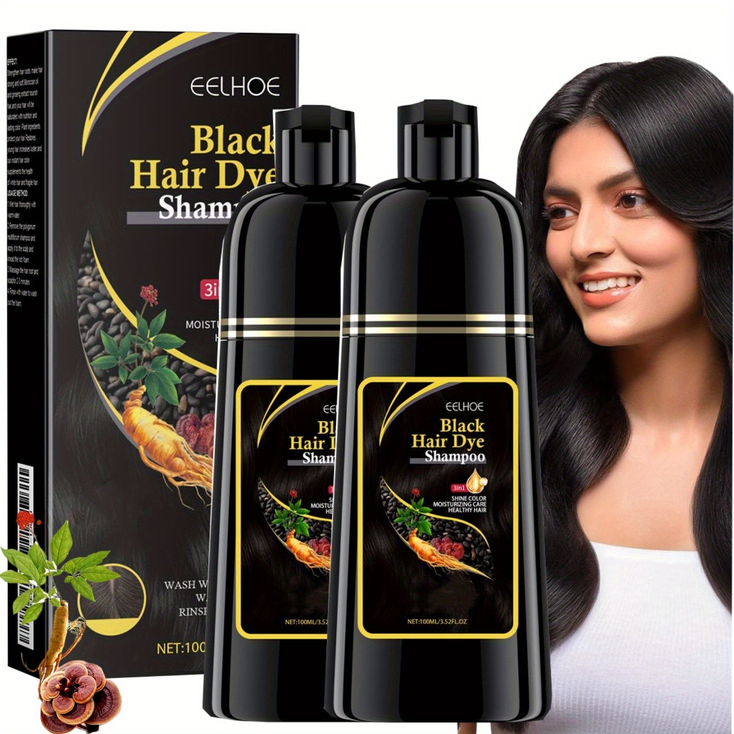 2pcs Black Hair Dye Shampoo 3 in 1 for Gray Hair Coverage Hair Color Shampoo for Men and Women,