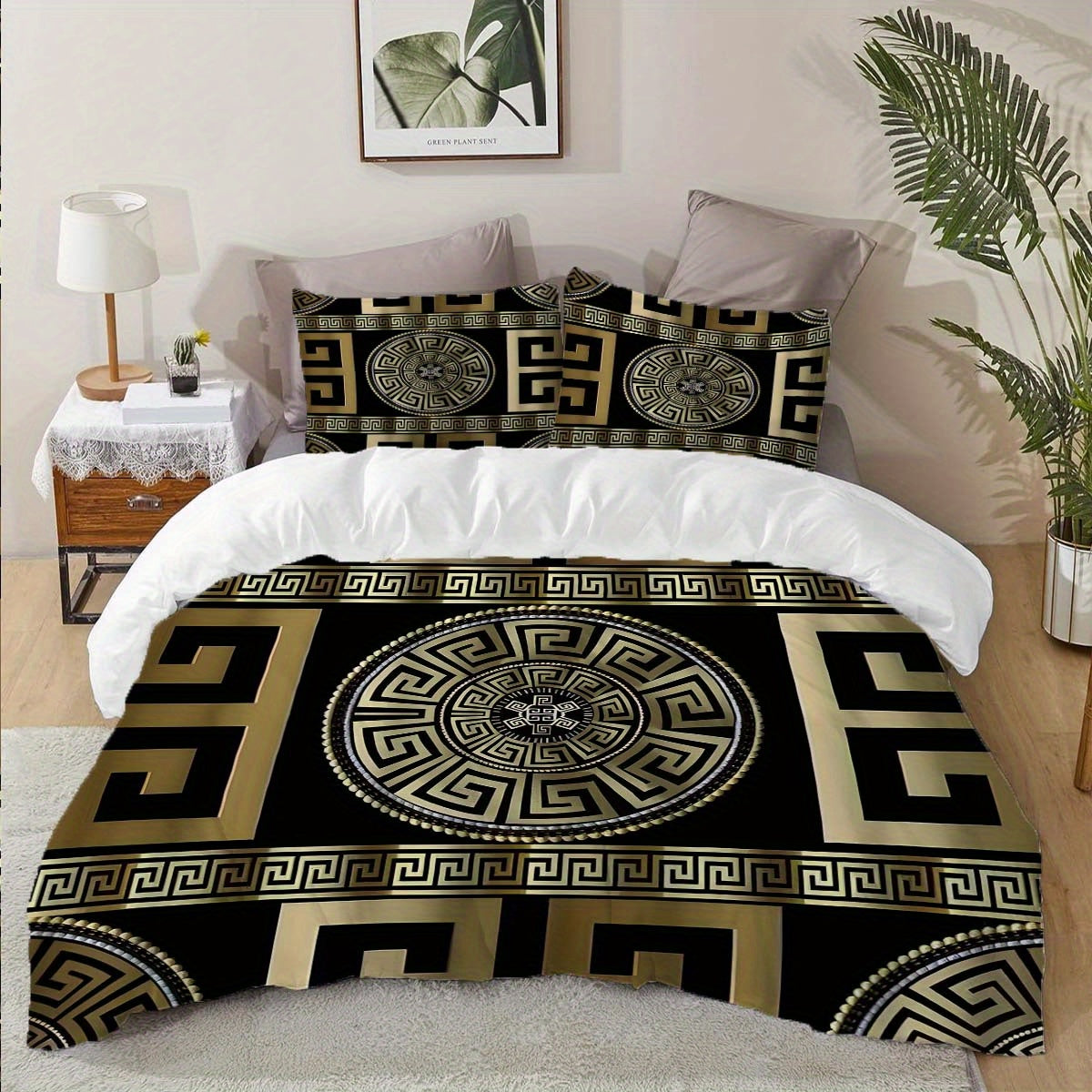 3pcs Luxe Golden Geometric Print Duvet Cover Set - Soft & Comfortable, Zip Closure, Perfect for Bedroom & Guest Room Decor (1 Duvet Cover + 2 Pillowcases, No Insert), for Winter