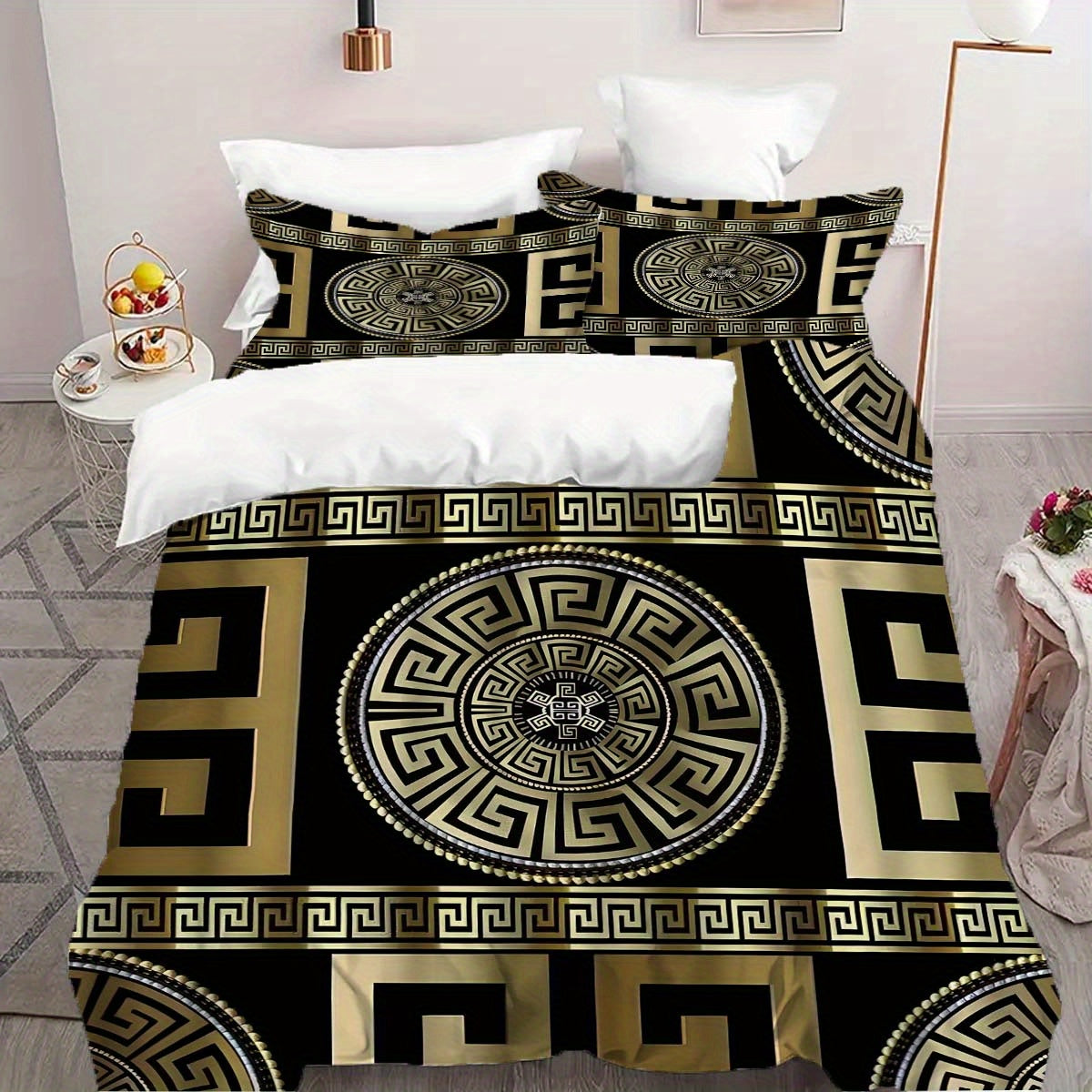 3pcs Luxe Golden Geometric Print Duvet Cover Set - Soft & Comfortable, Zip Closure, Perfect for Bedroom & Guest Room Decor (1 Duvet Cover + 2 Pillowcases, No Insert), for Winter