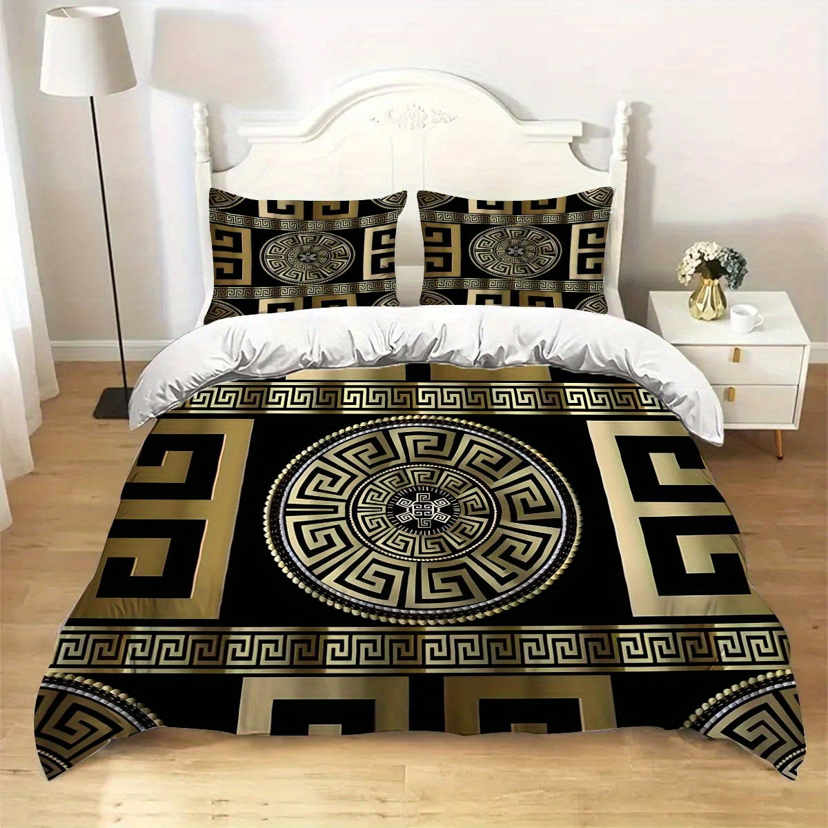 3pcs Luxe Golden Geometric Print Duvet Cover Set - Soft & Comfortable, Zip Closure, Perfect for Bedroom & Guest Room Decor (1 Duvet Cover + 2 Pillowcases, No Insert), for Winter