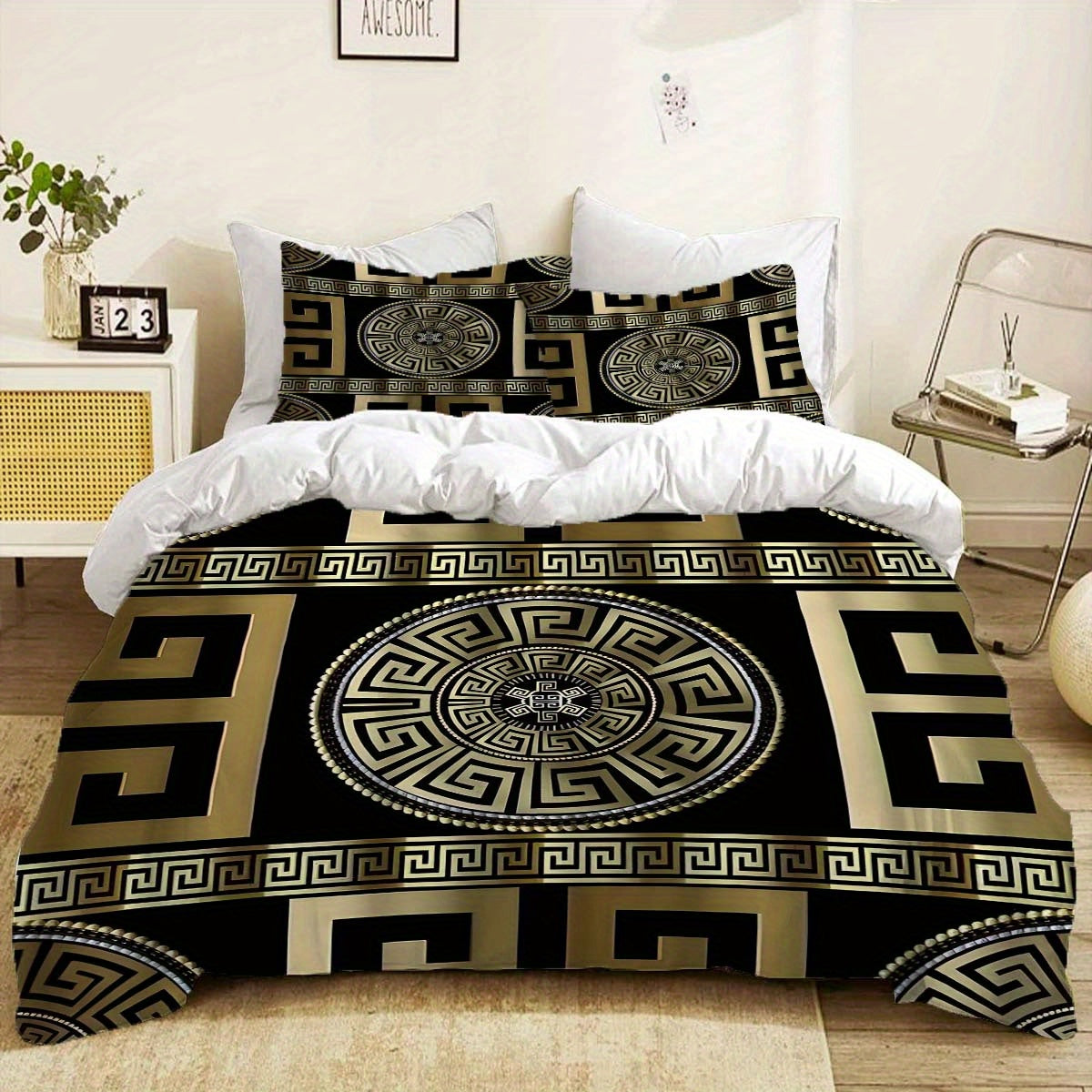 3pcs Luxe Golden Geometric Print Duvet Cover Set - Soft & Comfortable, Zip Closure, Perfect for Bedroom & Guest Room Decor (1 Duvet Cover + 2 Pillowcases, No Insert), for Winter