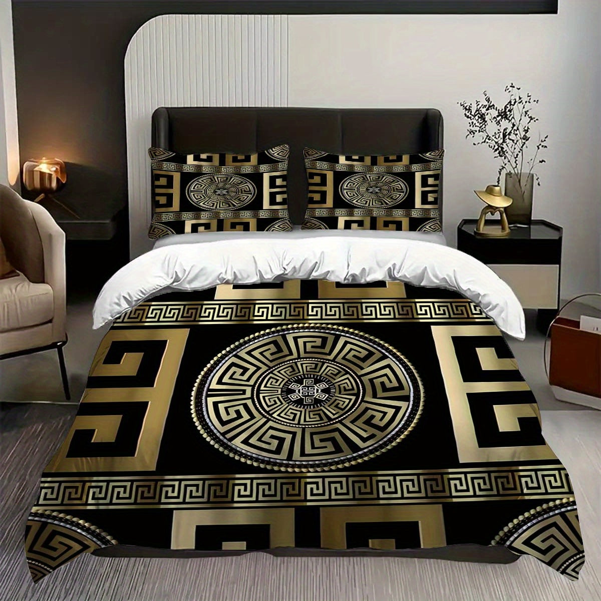 3pcs Luxe Golden Geometric Print Duvet Cover Set - Soft & Comfortable, Zip Closure, Perfect for Bedroom & Guest Room Decor (1 Duvet Cover + 2 Pillowcases, No Insert), for Winter