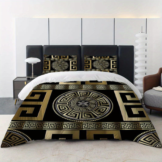 3pcs Luxe Golden Geometric Print Duvet Cover Set - Soft & Comfortable, Zip Closure, Perfect for Bedroom & Guest Room Decor (1 Duvet Cover + 2 Pillowcases, No Insert), for Winter