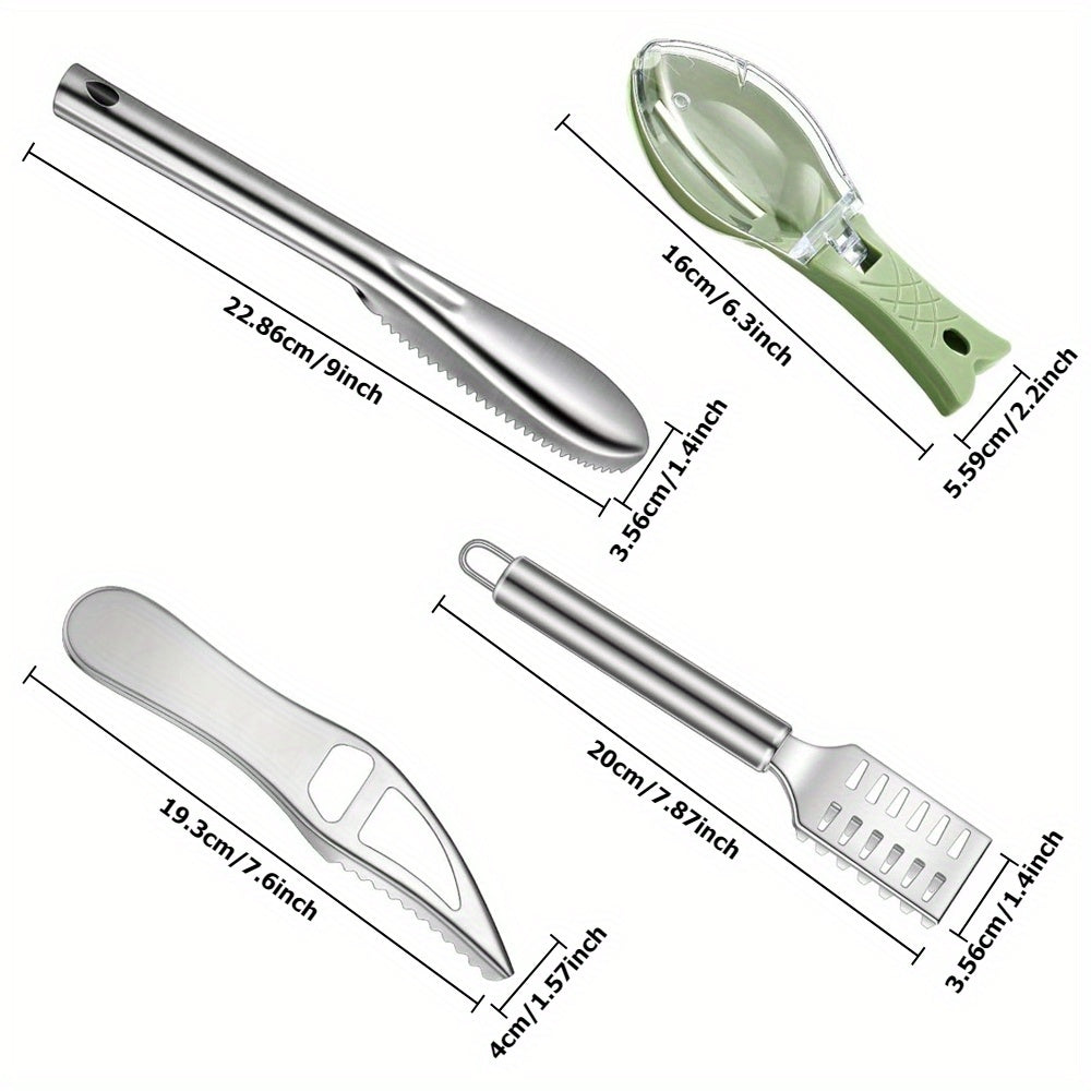 4pcs Stainless Steel Fish Scale Remover Portable Fish Scraper Scaler with Multifunctional  Kitchen Tool