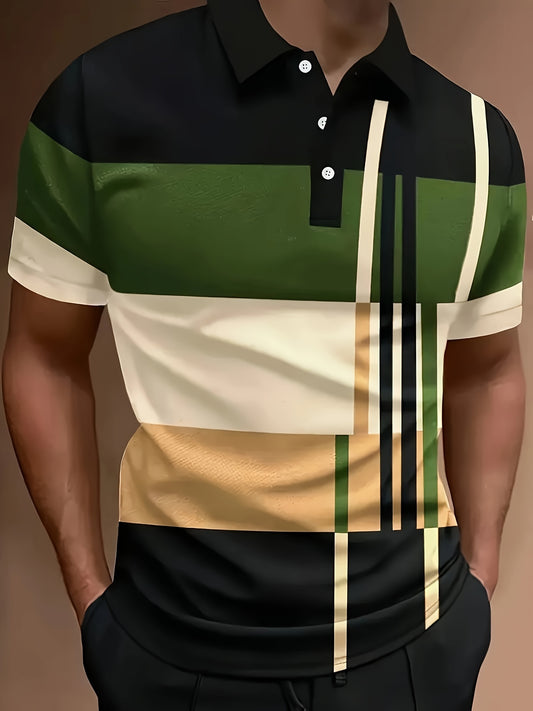 Striped men's casual color block short sleeved lapel, suitable for fashionable sports men's polo shirt for summer golf