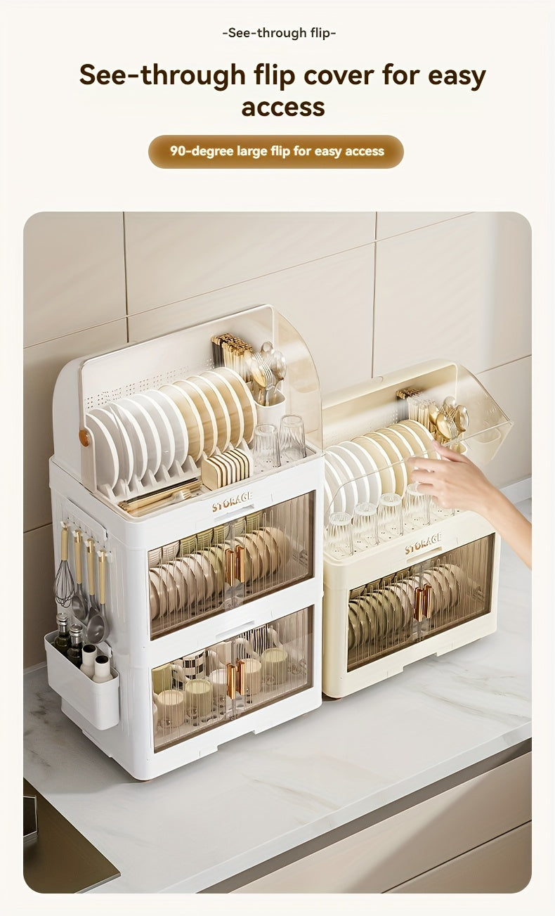 Space-Saving Waterproof Kitchen Organizer with Flip Lid - Multi-Functional Plastic Dish Rack for Dishes, Bowls & Tableware