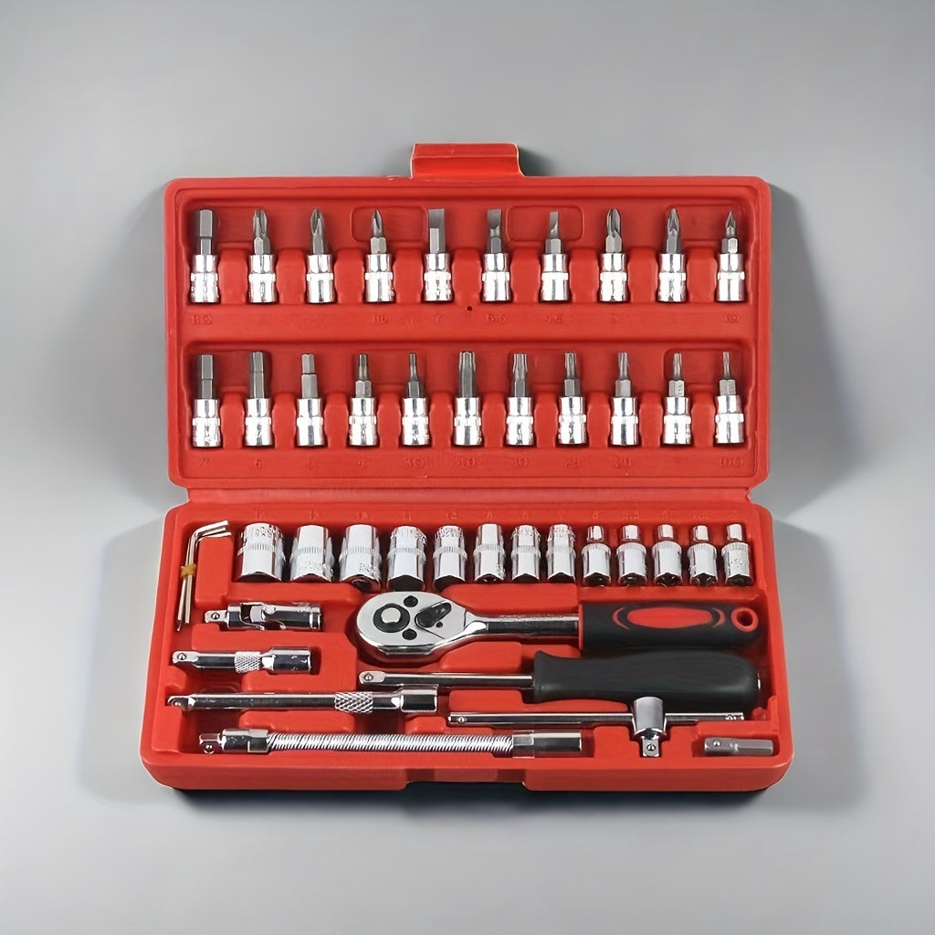 46pcs 1/4" Drive Ratchet Wrench Set With Drill Bit Set Metric And Extension Rods For Auto Repair And Home Use, Ideal For Car, Motorcycle, Bicycle Repair And Construction Use, Storage Case Included