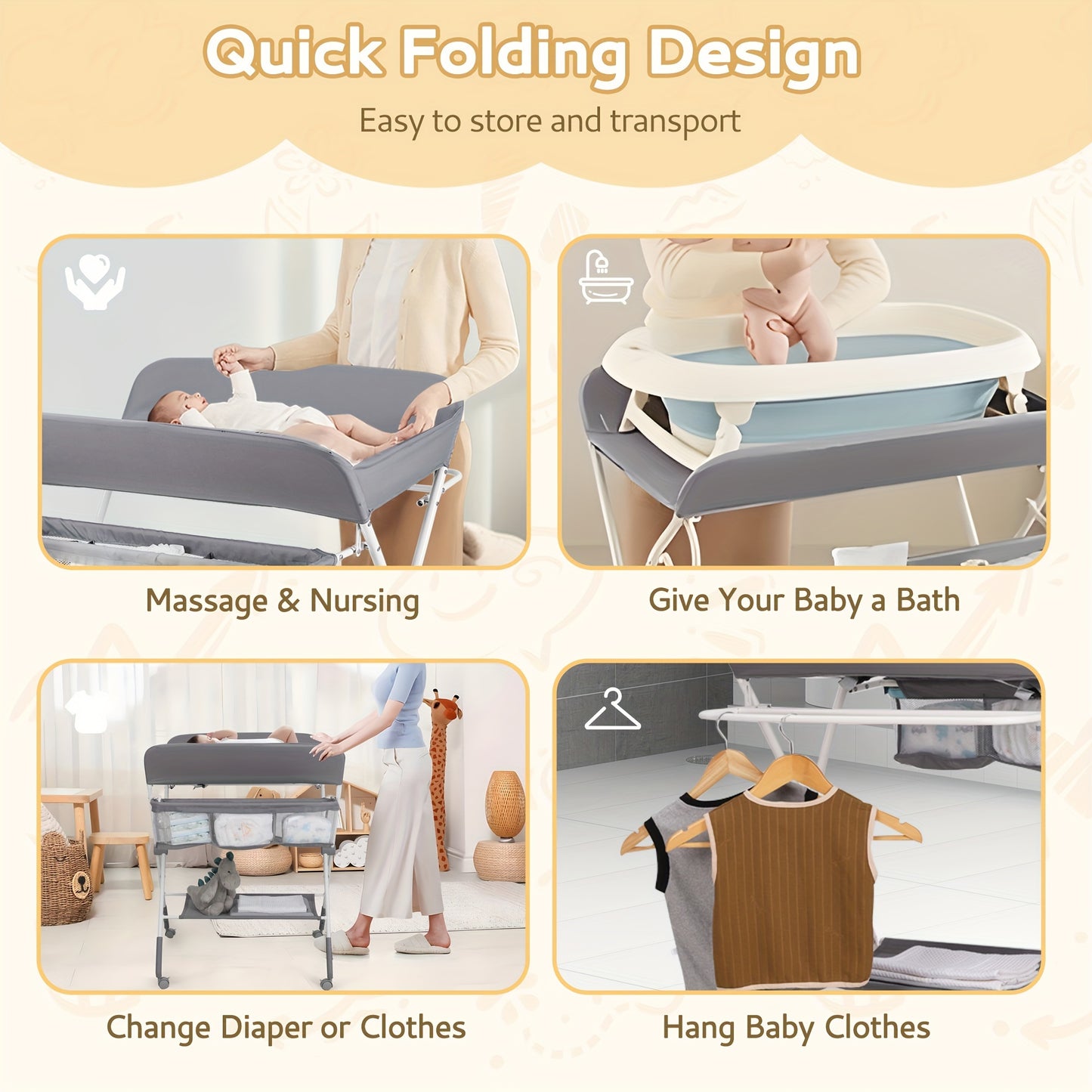 Baby Portable Folding Diaper Changing Station With Wheels, Adjustable Height Mobile Nursery.