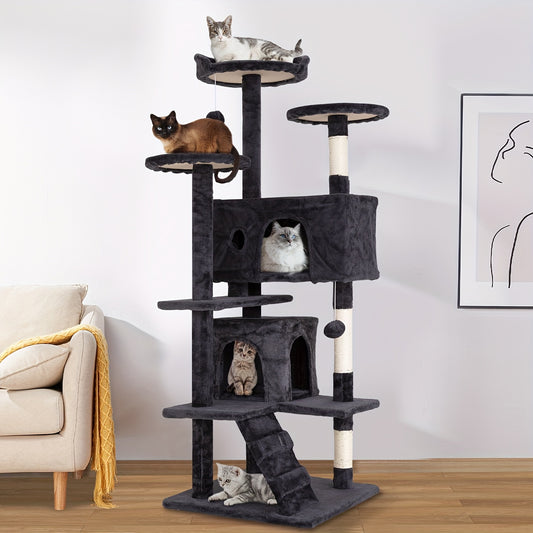 54"-70" Multi-Level Cat Tree Tower for Indoor Cats, Durable Plywood