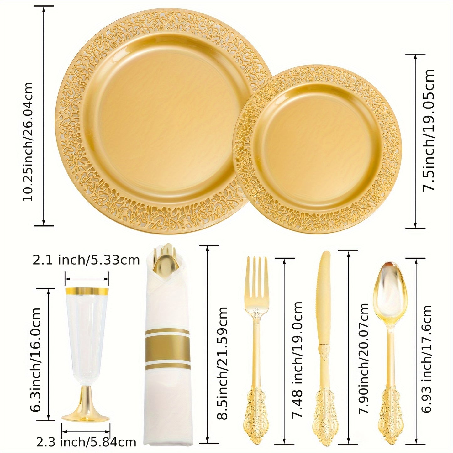 210 pcs Solid Golden Disposable Plates with Golden Plastic Silverware and Cups for Party,